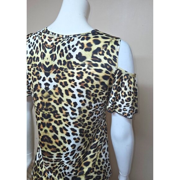 ASH & SARA Leopard Cold Shoulder Top Blouse with Colorful Design Women Size Sm - Picture 6 of 7